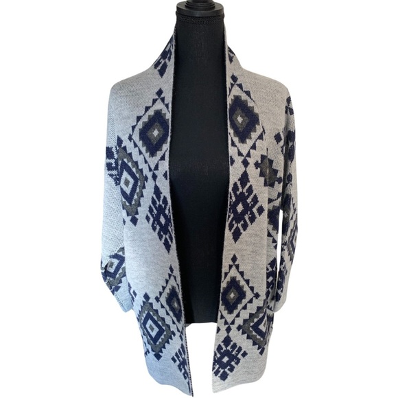 Bartolini Wool Blend Aztec Print Cardigan Women’s Size Small Gray Blue Open - Picture 1 of 11